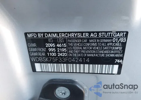 2003 Mercedes-Benz Sl 500R из США, поврежденный, VIN WDBSK75F33F042414